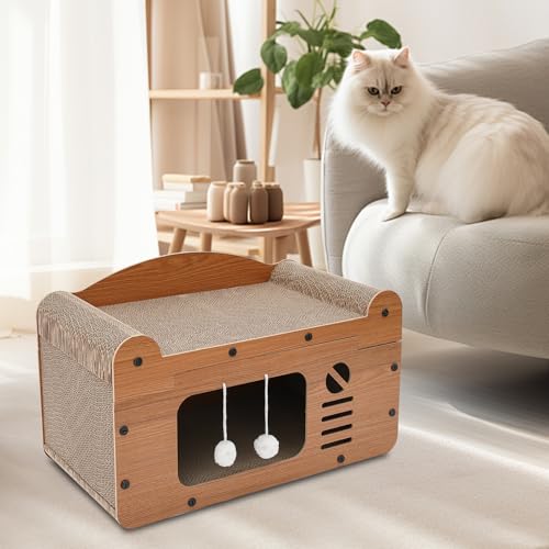 Kratzbrett für Katzen, Kratzpad Lounge Kratzpappe Katzenhaus mit Höhle & Spielbällen, Katzenspielzeug Kratzmatte für Indoor-Katzen als Möbelschutz 56x30x32cm von Kozivmo