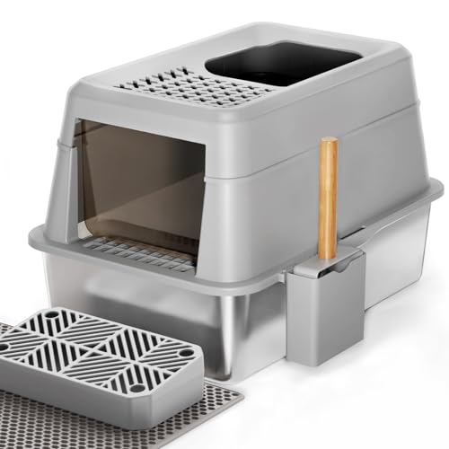 Katzentoilette aus Edelstahl mit Deckel, extra große geschlossene Metallboxen mit Abdeckung für große Katzen, XL abgedeckte Katzentoilette mit Gehege von KrauzPet