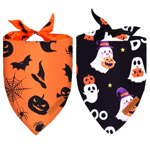 2 Stück Halloween-Hundehalstücher, doppelseitiger wendbarer Dreieckstuch, niedliches Geister- und Kürbis-Design, gruselige Katze und Spinne, Halloween-Haustier-Kostüm-Zubehör für Hunde und Katzen (XS) von Kreyfer