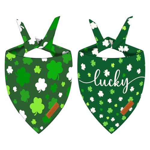 2 Stück St. Patrick's Day Hundehalstücher, doppelseitiger wendbarer Dreieckstuch, grünes Kleeblatt und "Lucky"-Design, festliches irisches Haustier-Kostüm-Zubehör für Hunde und Katzen, Größe M von Kreyfer