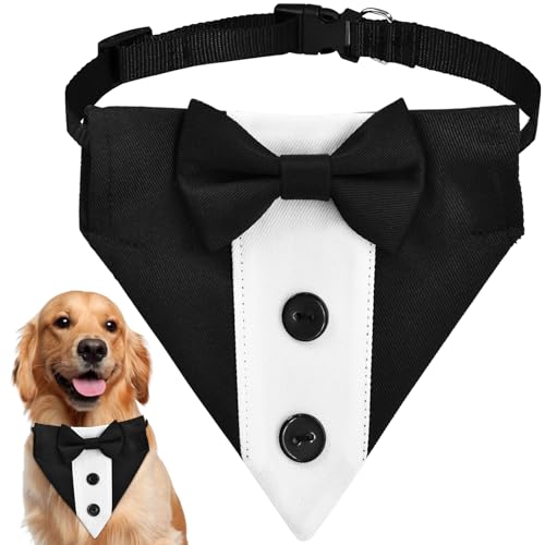 Formelles Hundehalstuch mit verstellbarem Halsband, Fliege und Knopfdesign für kleine bis große Hunde, ideal für Hochzeiten, Partys und besondere Anlässe (Schwarz, Größe M) von Kreyfer