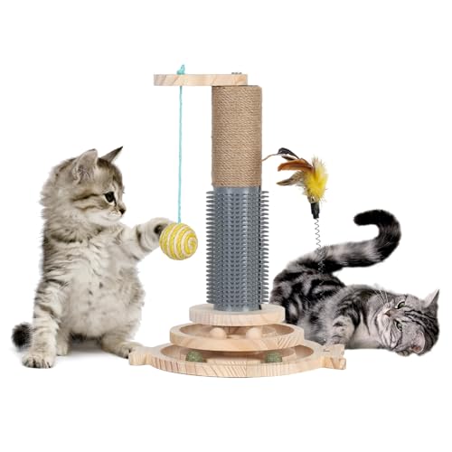 Kripyery Katzenkratzbaum für Indoor Katzen Federspielzeug, Interaktives Katzenspielzeug 3 Schicht Katzenball Track Drehteller mit 4 Holzkugeln, Kätzchen Sisal Kratzspielzeug Kitty Kratzbäume Holz von Kripyery