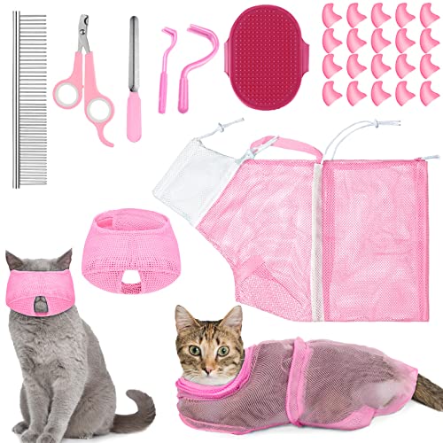 Kritkin 9-teiliges Katzen-Badetaschen-Set, Katzen-Duschtasche, Anti-Biss und Kratzer für Haustierpflege, Waschbürste, Kamm, Maulkorb, Nagelknipser, Nagelfeile, Zeckenwerkzeug (Rosa) von Kritkin