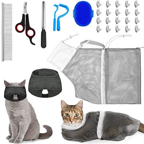 9-teiliges Katzen-Badetaschen-Set Katze Duschtasche Anti-Biss und Anti-Kratzer Katzenpflegetasche für Haustier Waschbürste Kamm, Katze Maulkorb, Nagelknipser, Nagelfeile, Zeckenwerkzeug (Blau, Grau) von Kritkin