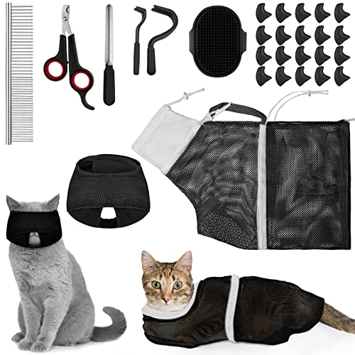 Kritkin 9-teiliges Katzen-Badetaschen-Set, Katzen-Duschtasche, Anti-Biss und Kratzer für Haustierpflege, Waschbürste, Kamm, Maulkorb, Nagelknipser, Nagelfeile, Zeckenwerkzeug (schwarz) von Kritkin