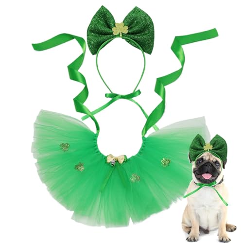 Krmoau St. Patricks Day-Hundeoutfit, St. Patricks Day-Hundeoutfit,Irische Haustier-Tutu-Rock-Stirnbänder - St. Patrick's Day Hundekostüm, Hunde-Tutu-Rock und Fliege-Stirnband für Dekorationszubehör von Krmoau