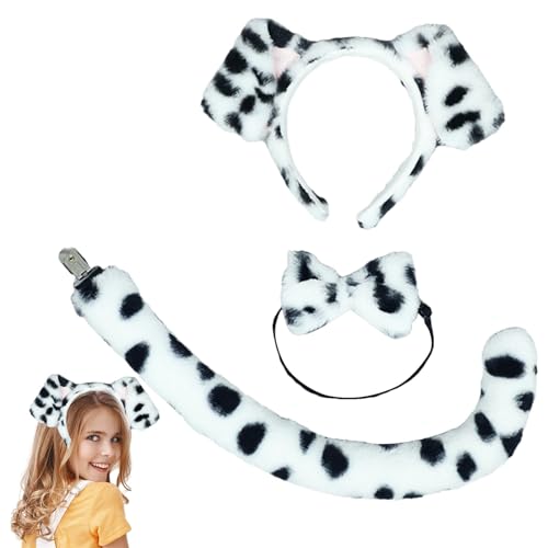 Krujecnt Hundeohren und Schwanz,Hundeohren Stirnband und Schwanz | Hundewelpen-Stirnband, Fliege, Schwanz, 3-teiliges Kostüm - Tier-Cosplay-Partyzubehör, Cosplay-Zubehör-Set für Halloween- von Krujecnt