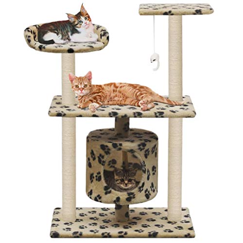 Ksodgun Katzen-Kratzbaum Sisal Katzenbaum Katzenkratzbaum mit Treppe Spielhaus Plattform Kratzstangen 95 cm Beige Pfoten-Aufdruck von Ksodgun