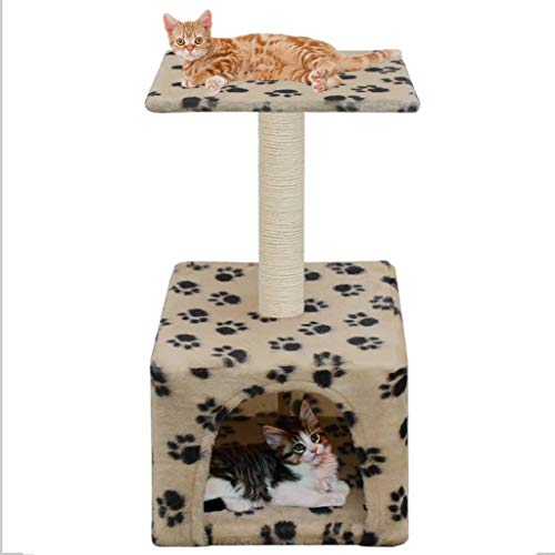 Ksodgun Katzen-Kratzbaum Sisal Katzenmöbel mit Treppe Spielhaus Plattform Kratzstangen Kletterbaum 55 cm Beige mit schwarzem Pfoten-Aufdruck von Ksodgun