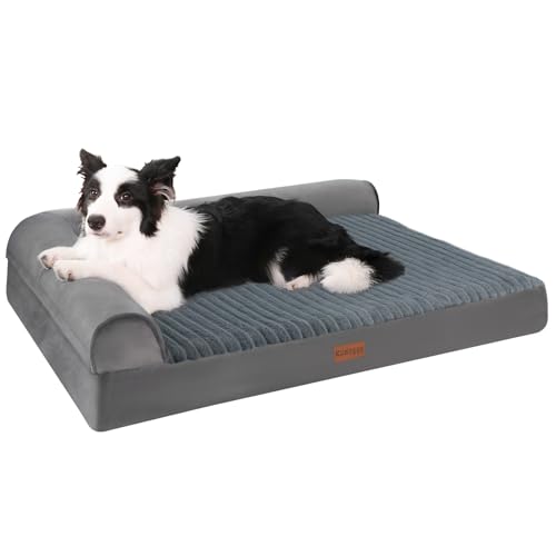 Kudoggy Großes Hundebett, orthopädische Hundebetten für große Hunde, Hundesofa mit L-förmiger Nackenrolle, Memory-Schaum-Hundebett mit wasserdichtem Futter und waschbarem Bezug, 88,9 x 66 cm, Grau von Kudoggy