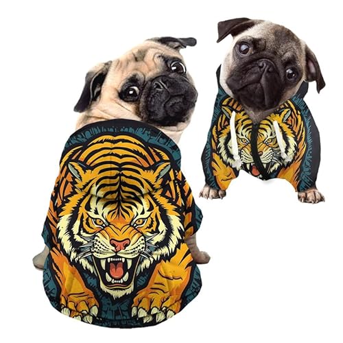 Kuiaobaty Drawing Tiger Hunde-Kapuzenpullover mit Reißverschluss, bequem, für Welpen, Haustier-Sweatshirt mit Mütze, lebendiges Tiger-Sweatshirt für kleine und mittelgroße Hunde von Kuiaobaty