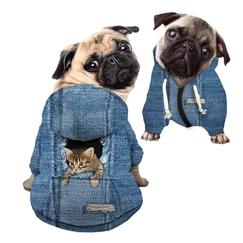 Kuiaobaty Hunde-Kapuzenpullover mit Katzendruck, Haustier-Sweatshirt für kleine und mittelgroße Hunde, lustige Jeans, mit Rissloch, Katzendruck, Haustier, Welpen-Kapuzenpullover von Kuiaobaty