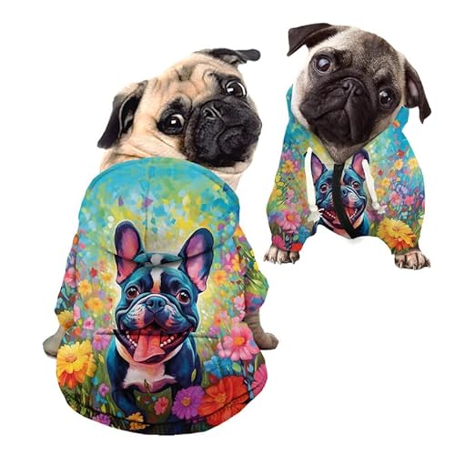 Kuiaobaty Hunde-Kapuzenpullover mit süßem französischen Bulldoggen-Druck, mit Reißverschluss, für kleine Hunde, Katzen, buntes Blumenmuster, Hunde-Sweatshirt mit Kapuze von Kuiaobaty