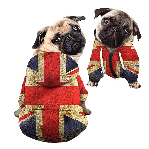 Kuiaobaty Hunde-Sweatshirt mit britischer Flagge im Vintage-Stil für kleine Hunde, Haustier-Kapuzenpullover, Union Jack-Flagge, Herbst-Kapuzenpullover, Outdoor-Hundebekleidung von Kuiaobaty