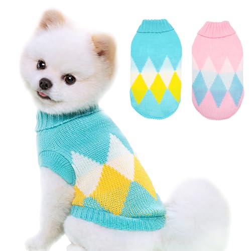 2 Pack Hund Strickpullover Welpen Warme Pullover, Weicher Rollkragen Hund Sweatshirt für Kleine Hunde Junge Mädchen, Haustier Pullover Jumper für Hunde Katzen (Rhombic-XXL) von Kukaster Pet