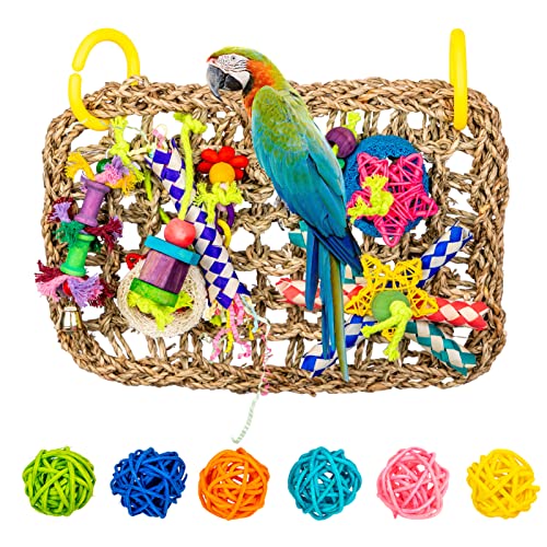 Bird Foraging Wall Toy, Straw Braid Rope Net Hanging Climbing Hammock Mat with Colorful Chewing Toys Bird Climbing Net Bird Toys for Lovebirds Parakeets Finch Cockatiel Budgie (NPPW001-D) von Kukaster Pet