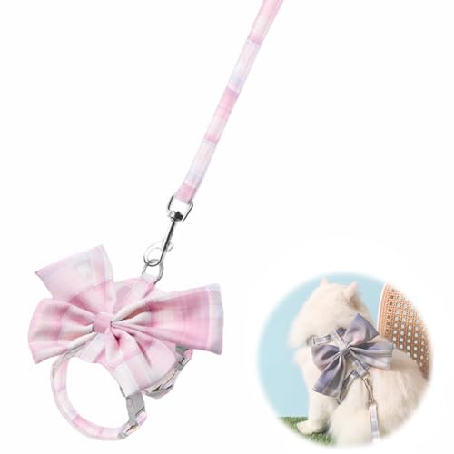 Katzengeschirr und Leine, Set für sicheres Gehen, Fliege, Katzenhalsband, verstellbar, weich, Reise-Kätzchengeschirr für kleine, mittelgroße und große Katzen (rosa Schleife, M) von Kukaster Pet