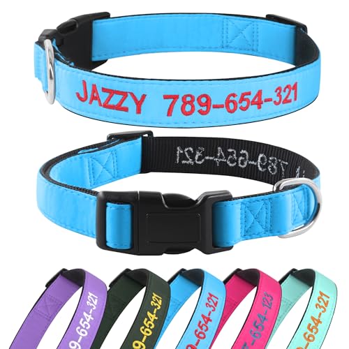 Kuley Personalisiertes Hundehalsband, personalisierbar, mit Namen und Telefonnummer bestickt, für XS, kleine, mittelgroße und große Hunde (blau) von Kuley