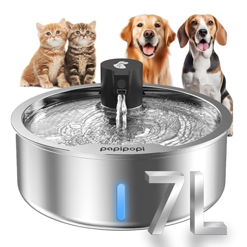 Edelstahl Hund Wasserbrunnen, 7L/1.8G/6,690.5 g Haustier Wasserbrunnen für große Hunde & Multikatzen, Hund Wassernapfspender mit leiser Wasserpumpe und 3 Ersatzfiltern (Primär, 7L+8 Filter) von Kulobby