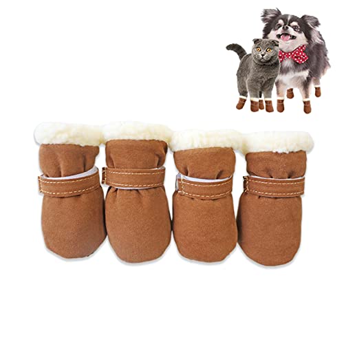 4 Stück Hunde-Winterschuhe, Welpen, warme Schneestiefel, Haustier, Anti-Rutsch-Sohle, Pfotenschutz, Abdeckungen, Katzenschuhchen für kaltes Wetter, Outdoor (L, Braun) von Kunoli