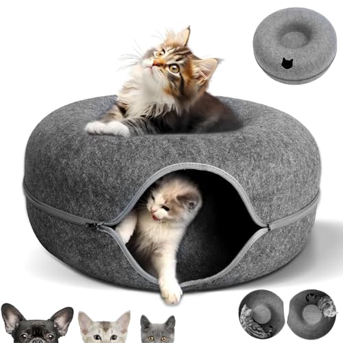 KunpengZen Katzentunnel, Filz Donut Rascheltunnel für Katzen, Katzen Höhle Endlosen Spaß Katzenkorb Katzenkissen 50cm für bis 4kg Kleine Haustiere Kaninchen Kätzchen Welpen-Dunkelgrau von KunpengZen