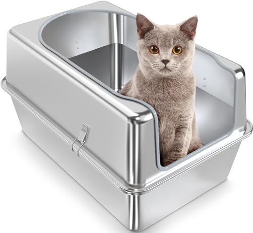 Katzentoilette aus Edelstahl, komplett aus Metall, hohe Seite, XL-Katzentoilette für Katzen, langlebig und leicht zu reinigen, geruchsfrei von Kuntrust