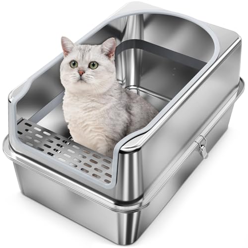 Katzentoilette aus Edelstahl – komplett aus Metall hohe Seitenklo – XXL Edelstahl-Katzentoilette für große Katzen und mehrere Katzen, gerafft und leicht zu reinigen, geruchsfrei (Step-Sliver, 2XL) von Kuntrust