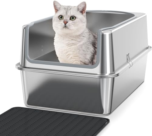 Katzentoilette aus Edelstahl – komplett aus Metall mit hoher Seite – XXL-Katzentoilette aus Edelstahl für große Katzen und mehrere Katzen, robust, leicht zu reinigen, geruchsfrei von Kuntrust
