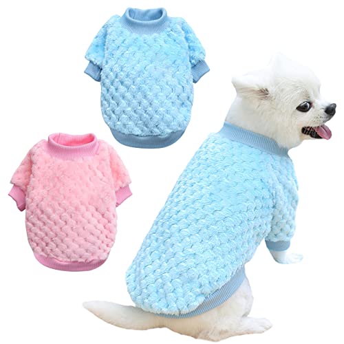 2 Stück Haustier Katze Hund Pullover Fleece Warm Hundepullover Winter Warmer Haustier Sweater Koralle Fleece Hund Pullover Haustier Supplies Niedlicher Katze Outfit (L, Rosa/Blau) von Kunyeah