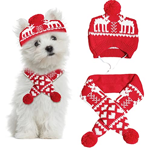 2 Stück Weihnachten Haustier Mütze Schal Set Gestricktes Haustier Halsband Winter Warm Doggy Mütze Welpe Katze Kostüm Zubehör für Kleine bis Mittlere Haustiere (Groß, Hirsch) von Kunyeah