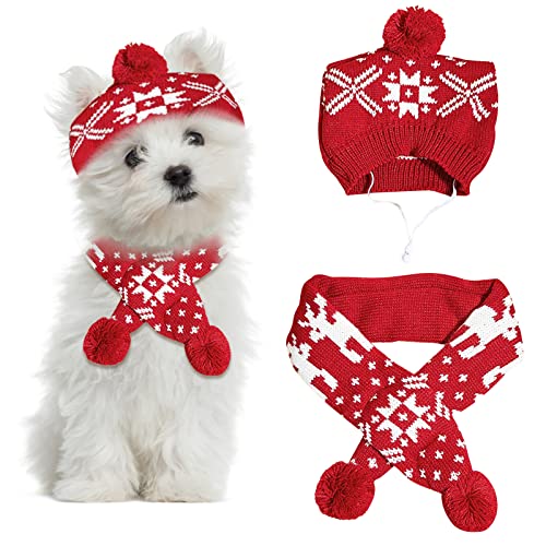 2 Stück Weihnachten Haustier Mütze Schal Set Gestricktes Haustier Halsband Winter Warm Doggy Mütze Welpe Katze Kostüm Zubehör für Kleine bis Mittlere Haustiere ((Groß, Schneeflocke) von Kunyeah