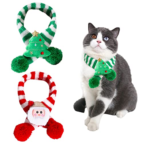 2 Stück Weihnachten Haustier Strickschal Winter-Gestreifte Doggy Schals mit Pompon Gestricktes Haustier Halsband Welpe Katze Kostüm Zubehör Haustierkostüm (Klein, Plüsch) von Kunyeah