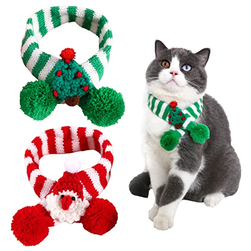 2 Stück Weihnachten Haustier Strickschal Winter-Gestreifte Doggy Schals mit Pompon Gestricktes Haustier Halsband Welpe Katze Kostüm Zubehör Haustierkostüm (Klein, Stricken) von Kunyeah