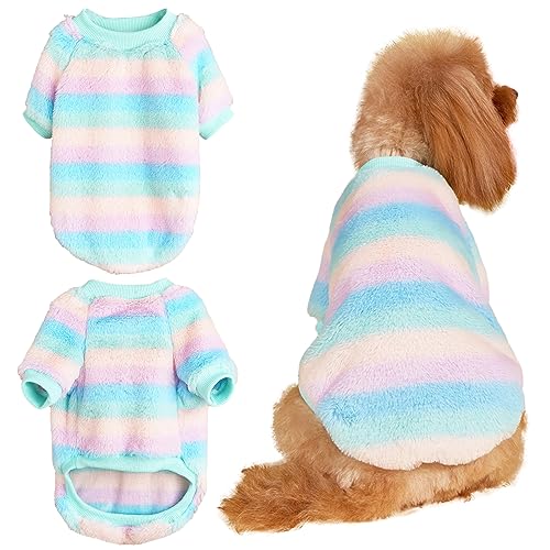 Gestreifte Hundekleidung Bunter Fleece Haustier Pullover Winter Warme Welpenkleidung Weiche Katzenjacke Bequemes Haustier Outfit für kleine bis mittlere Hunde von Kunyeah