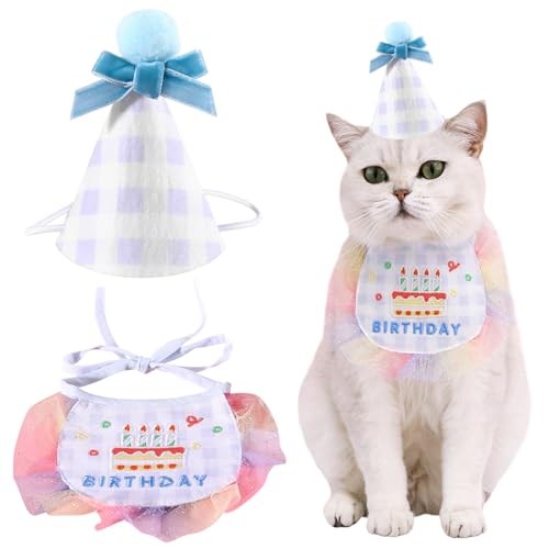 Kunyeah 2-teiliges Haustier-Hut-Schal-Set, niedlich, bestickt, Katze, Bandana, Outfit, Haustier-Schleife, Kegelhut, Katze, Karomuster, Prinzessinnen-Kostüme, Hunde-Lätzchen, Haustier-Partyzubehör, von Kunyeah