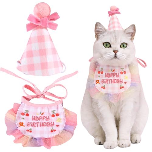 Kunyeah 2-teiliges Haustier-Hut-Schal-Set, niedlich, bestickt, Katze, Bandana, Outfit, Haustier-Schleife, Kegelhut, Katze, Karomuster, Prinzessinnen-Kostüme, Hunde-Lätzchen, Partyzubehör, Dekoration von Kunyeah