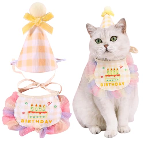 Kunyeah 2-teiliges Haustier-Hut-Schal-Set, niedlich, bestickt, Katze, Bandana, Outfit, Haustier-Schleife, Kegelhut, Katze, Karomuster, Prinzessinnen-Kostüme, Hunde-Lätzchen, Partyzubehör, Dekoration von Kunyeah