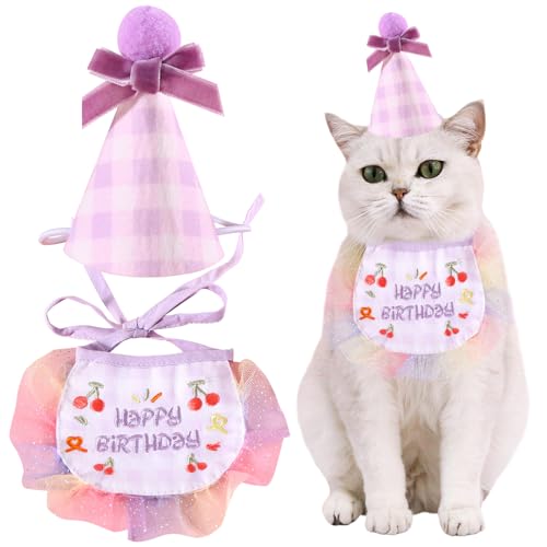 Kunyeah 2-teiliges Haustier-Hut-Schal-Set, niedlich, bestickt, Katze, Bandana, Outfit, Haustier-Schleife, Kegelhut, Katze, Karomuster, Prinzessinnen-Kostüme, Hunde-Lätzchen, Partyzubehör, Dekoration von Kunyeah