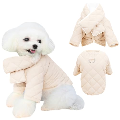 Kunyeah Warmer Hundemantel mit Schal Haustier Baumwolle kaltes Wetter Outfit dicken Welpen Kleidung Karierten Muster Haustier Schnee Jacke Katze Winter Herbst Overall (Beige, 2XL) von Kunyeah