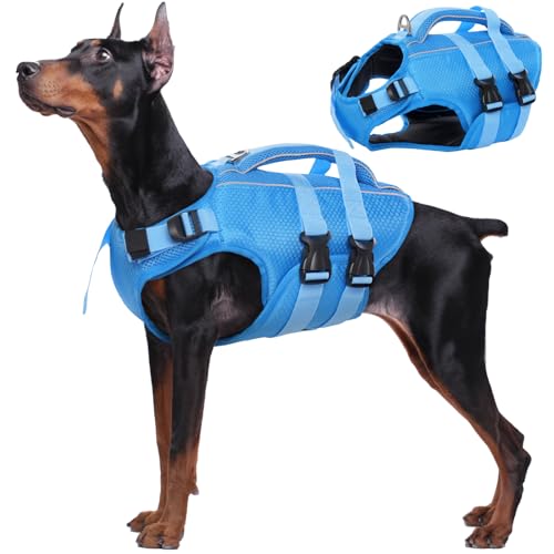 Kuoser Hunde Schwimmweste für kleine mittel große Hunde, Verstellbar & Ripstop Hunde Rettungsweste mit Rettungsgrif, Hoher Schwimmfähigkeit Haustier Lebensretter Welpen Badeanzüge für Strand Blue XL von Kuoser