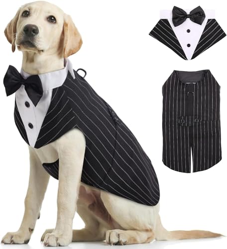 Kuoser Hund Smoking Anzug & Bandana Set, Haustier Fomal Kleidung Hunde Mantel mit Abnehmbarer Fliege, Hundeanzug Welpe Kostüm Shirt für Hochzeit Halloween Geburtstag Party, S-XXL von Kuoser