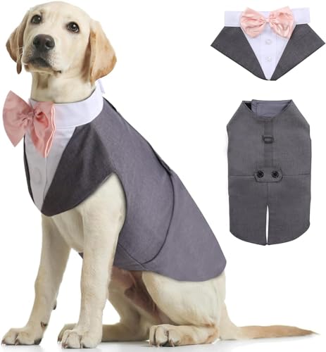 Kuoser Hund Smoking Anzug & Bandana Set, Haustier Fomal Kleidung Hunde Mantel mit Abnehmbarer Fliege, Hundeanzug Welpe Kostüm Shirt für Hochzeit Halloween Geburtstag Party, S-XXL von Kuoser