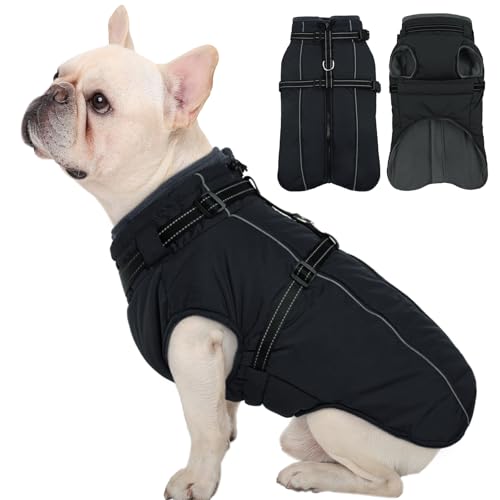 Kuoser Hundemantel für Kleine Hunde, Wasserdicht Hundejacke Hundemantel mit Geschirr, Warm Hundemantel Winter, Hunde Wintermantel Fleecemantel Hundepullover, Hunde Winterjacke XS Schwarz von Kuoser