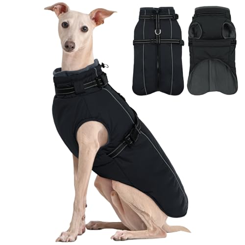 Kuoser Hundemantel für Große Hunde, Wasserdicht Hundejacke Hundemantel mit Geschirr, Warm Hundemantel Winter, Hunde Wintermantel Fleecemantel Hundepullover, Hunde Winterjacke XL Schwarz von Kuoser