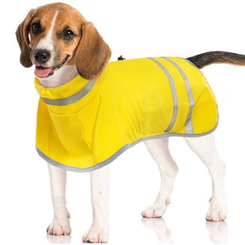 Kuoser Hunderegenmantel Wasserdicht, Hunde Regenmantel für Große Hunde, Winddichter Hunderegenjacke mit Beingurten, Regenjacken für Hunde mit Reflektierenden Streifen, Doppelt Zipper Gurtloch, Gelb L von Kuoser