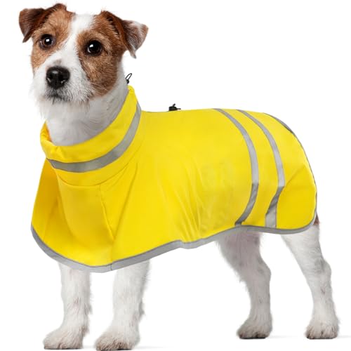 Kuoser Hunderegenmantel Wasserdicht, Hunde Regenmantel für Kleine Hunde, Winddichter Hunderegenjacke mit Beingurten, Regenjacken für Hunde mit Reflektierenden Streifen, Doppelt Zipper Gurtloch, Gelb S von Kuoser