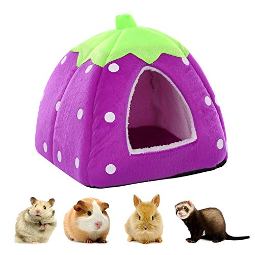 Kuoser Kleintier-Winterhaus, multifunktionales Warmes Bett, Erdbeer-Design, rutschfest, tragbar, Schlafsack mit Abnehmbarer Matte, Heimhöhle für Hamster Meerschweinchen Chinchilla Eichhörnchen Igel von Kuoser