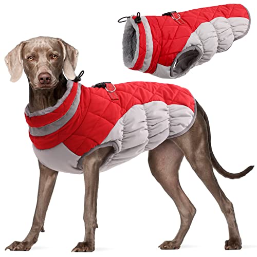 Kuoser Hundejacke Hundemantel für Große Hunde Winterweste Wasserdicht Hunde Wintermantel Jacke Winter Hunde Mantel Mit Geschirr Warme Winterjacke Hundepullover Haustier Skifahren Kostüm Rot, 3XL von Kuoser