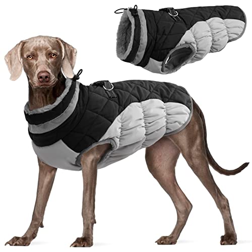 Kuoser Hundejacke Hundemantel für Große Hunde Winterweste Wasserdicht Hunde Wintermantel Jacke Winter Hunde Mantel Mit Geschirr Warme Winterjacke Hundepullover Haustier Skifahren Kostüm Schwarz, XXL von Kuoser