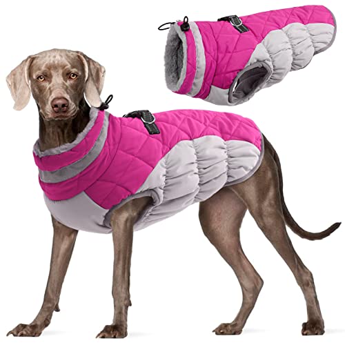 Kuoser Hundejacke Hundemantel für Große Hunde Winterweste Wasserdicht Hunde Wintermantel Jacke Winter Hunde Mantel Mit Geschirr Warme Winterjacke Hundepullover Haustier Skifahren Kostüm Rosa, XL von Kuoser